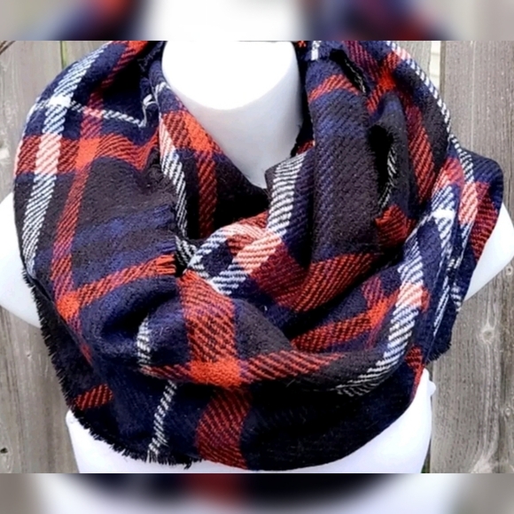 Reversible Infinity Scarf with Plaid Side and  Herringbone Side - Picture 1 of 3